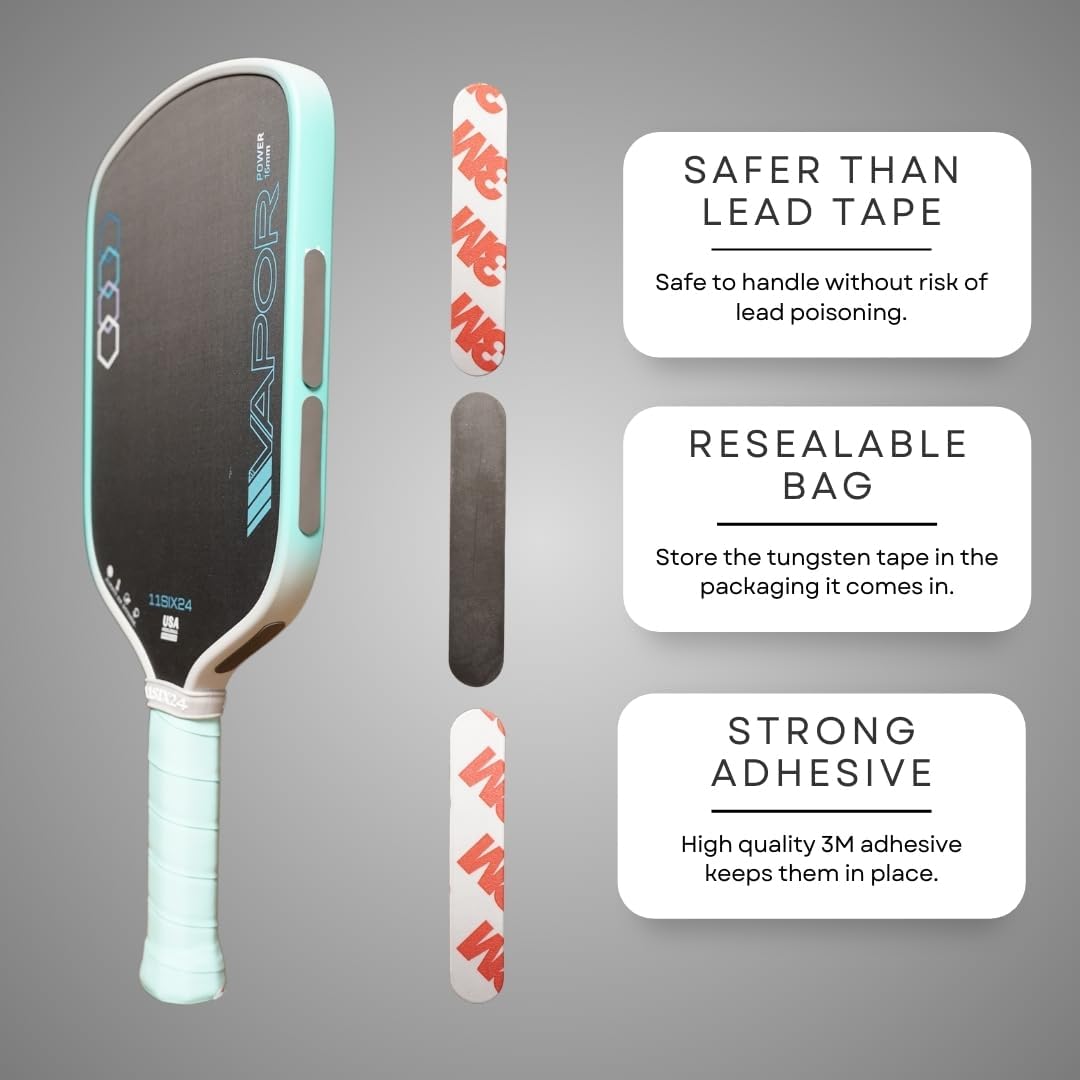 Pickleball paddle with tungsten tuning tape: safer than lead tape, resealable bag, strong 3M adhesive